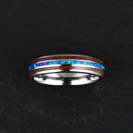 Grey Tungsten Koa Wood Blue Opal Women's Wedding Band 4MM - PRISTINE RINGS