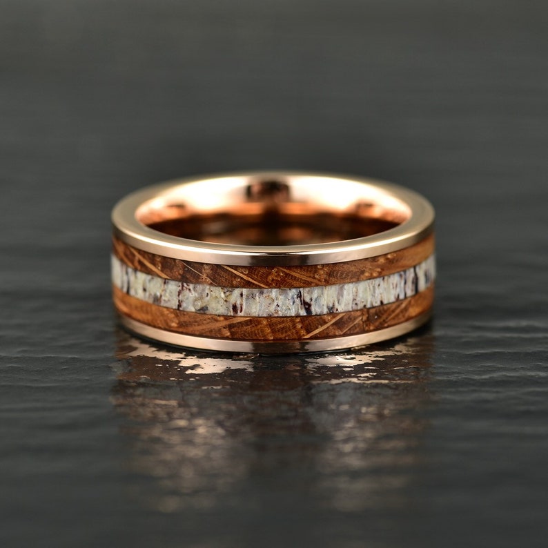 Rose Tungsten Whiskey Barrel Antler Men's Wedding Band 8MM - PRISTINE RINGS