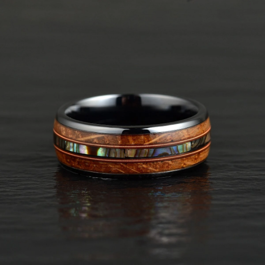 Tungsten Abalone Guitar String Whiskey Barrell Men's Wedding Band 8MM - PRISTINE RINGS