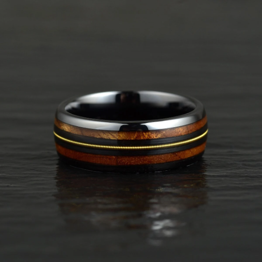 Black Ceramic Koa Wood Guitar String Men's Wedding Band 8MM - PRISTINE RINGS