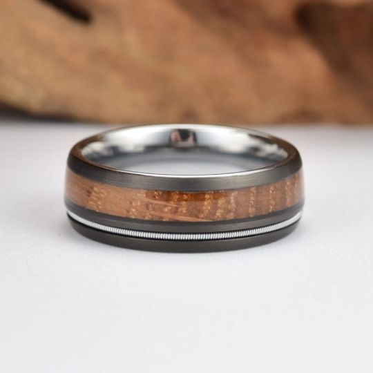 Tungsten Bourbon Whiskey Barrel Wood Men's Wedding Band 8MM - PRISTINE RINGS