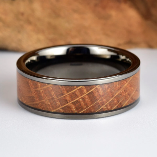 Black Ceramic Whiskey Barrel Wood Antique Finish Men's Wedding Band 8MM - PRISTINE RINGS