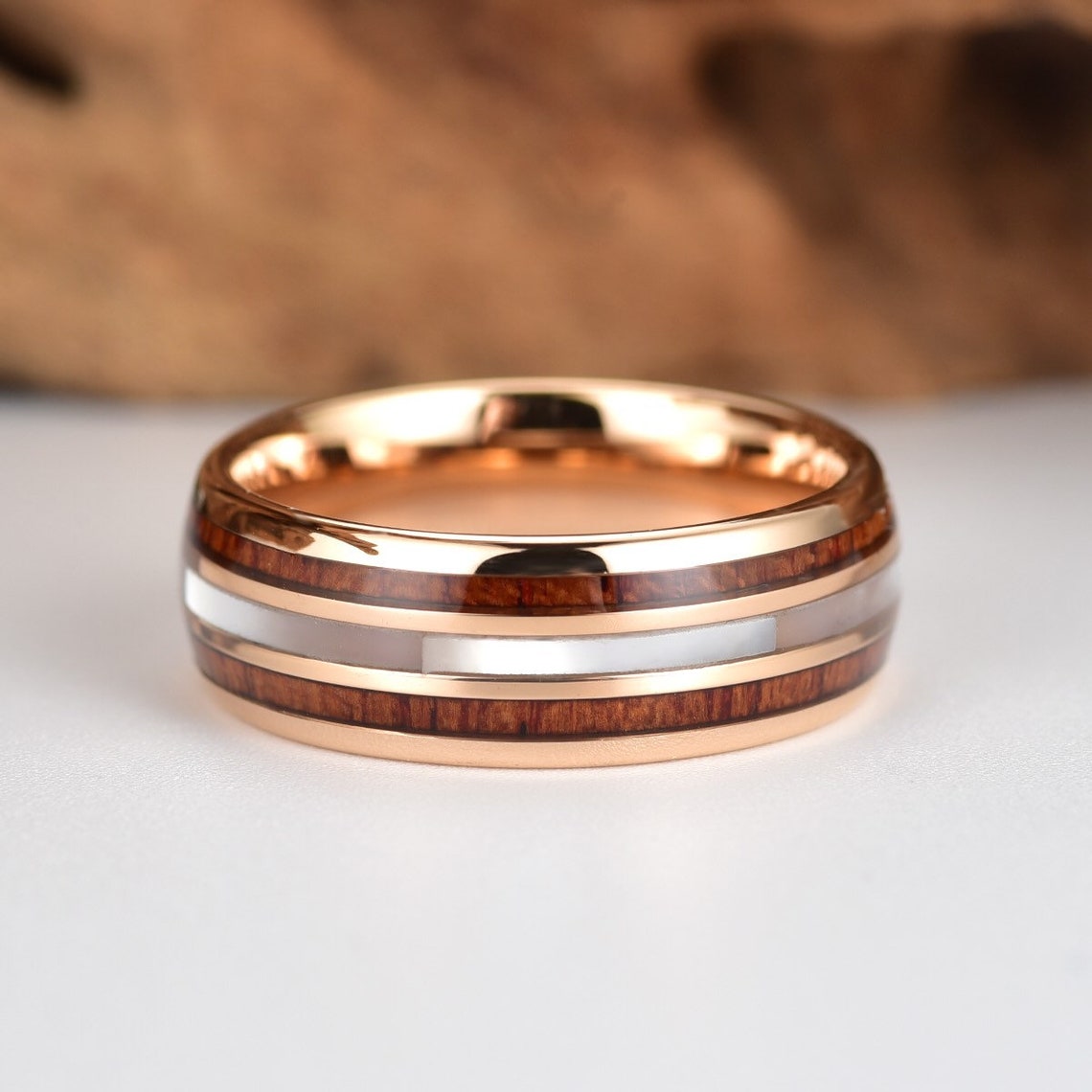 Rose Tungsten Koa Wood Pearl Men's Wedding Band 8MM - PRISTINE RINGS