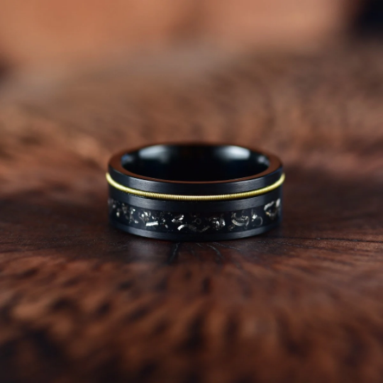 Crushed Meteorite Yellow Guitar String Men's Wedding Band 8MM - PRISTINE RINGS