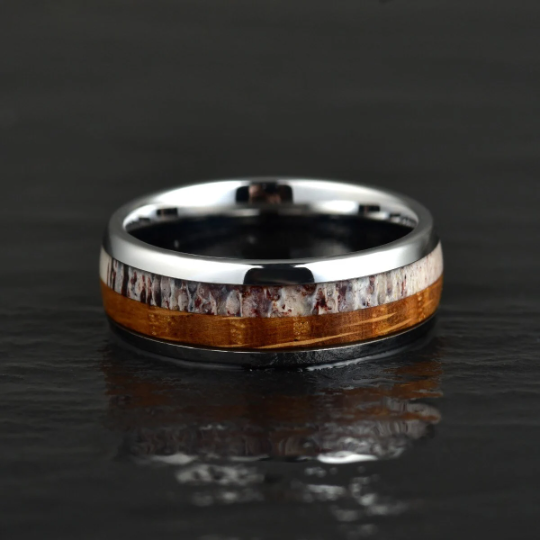 Tungsten Antler Whiskey Barrel Wood Men's Wedding Band 8MM - PRISTINE RINGS