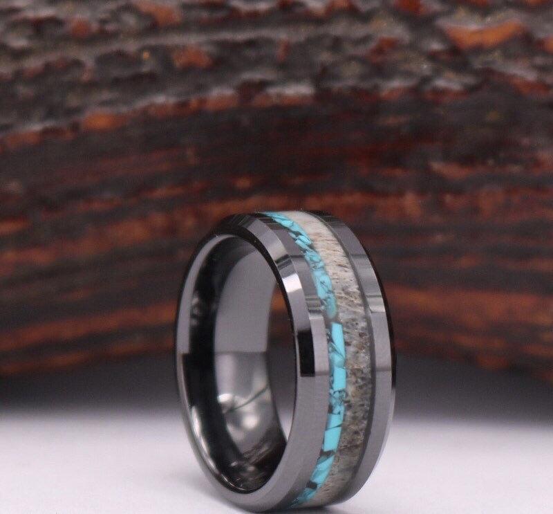 Deer Antler Turquoise Black Tungsten Men's Wedding Band 8MM - PRISTINE RINGS