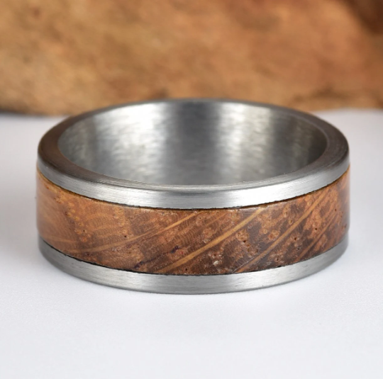 Tungsten Whiskey Barrel Wood Antique Finish Men's Wedding Band 8MM - PRISTINE RINGS