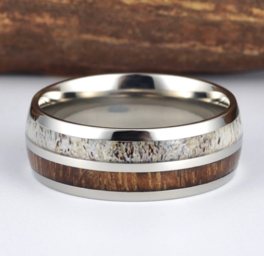 Antler Koa Wood Titanium Men's Wedding Band 8MM - PRISTINE RINGS