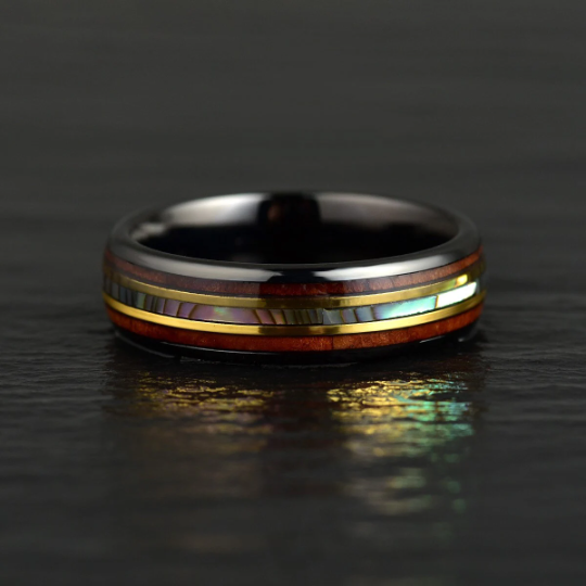 Tungsten Abalone Shell Koa Wood Women's Wedding Band 6MM - PRISTINE RINGS