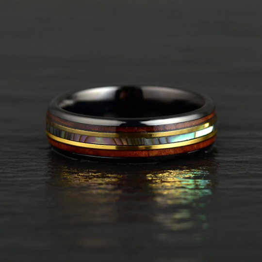 Tungsten Abalone Shell Koa Wood Women's Wedding Band 6MM