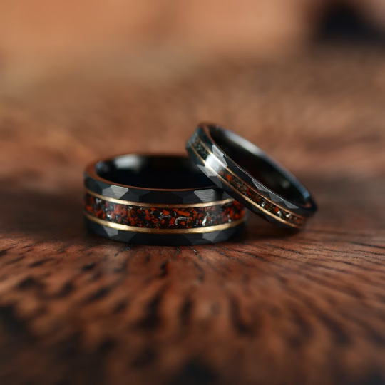 Black Hammered Tungsten Dinosaur Bone and Meteorite Women's Wedding Band 4MM - PRISTINE RINGS