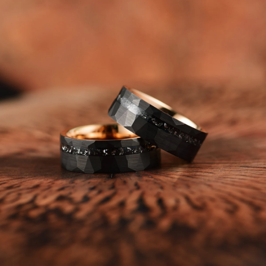 Rose Hammered Tungsten Crushed Meteorite Couples Wedding Band Set - PRISTINE RINGS