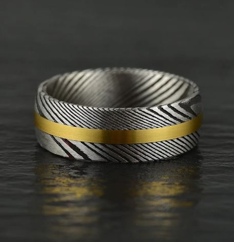 Damascus Steel Yellow Inlay Men's Wedding Band 8MM - PRISTINE RINGS