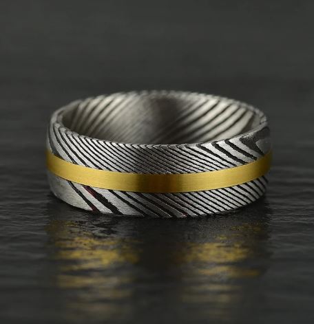 Damascus Steel Yellow Inlay Men's Wedding Band 8MM