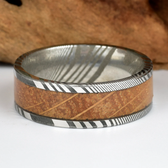 Damascus Whiskey Barrel Wood Men's Wedding Band 8MM - PRISTINE RINGS