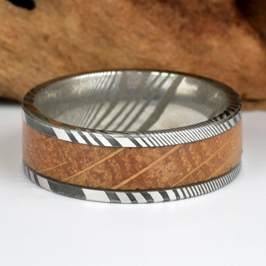 Damascus Whiskey Barrel Wood Men's Wedding Band 8MM