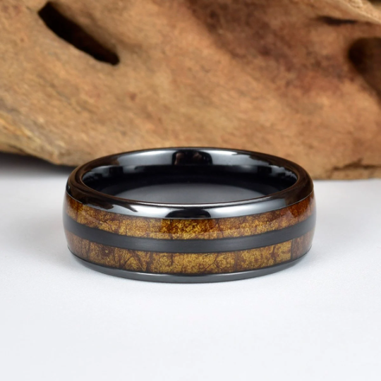 Black Ceramic Tobbaco Leaf Wood Men's Wedding Band 8MM - PRISTINE RINGS