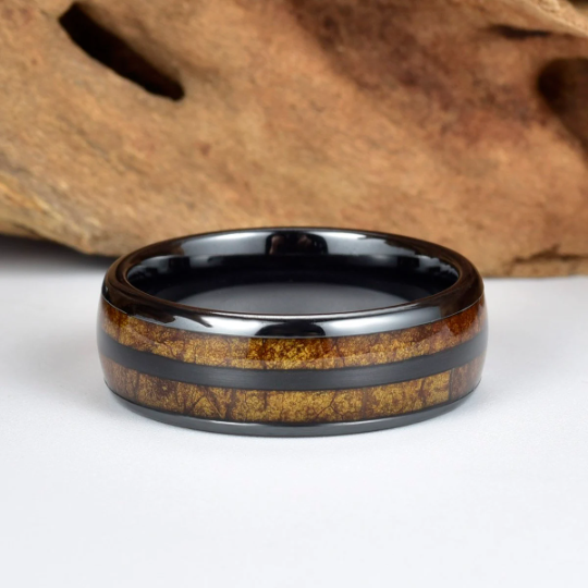 Black Ceramic Tobbaco Leaf Wood Men's Wedding Band 8MM