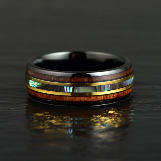 Tungsten Abalone Shell Koa Wood Men's Wedding Band 8MM - PRISTINE RINGS