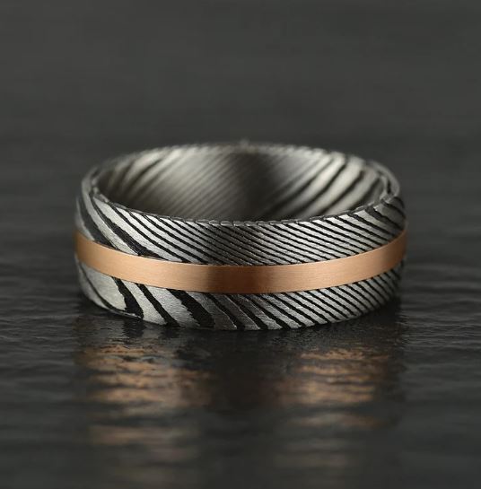 Damascus Steel Rose Inlay Men's Wedding Band 8MM - PRISTINE RINGS