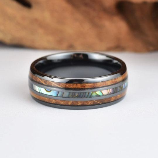 Black Ceramic Abalone Shell Whiskey Barrel Wood Men's Wedding Band 8MM - PRISTINE RINGS