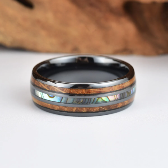 Black Ceramic Abalone Shell Whiskey Barrel Wood Men's Wedding Band 8MM