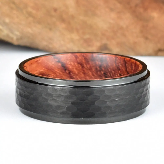 Rose Wood Hammered Black Tungsten Men's Wedding Band 8MM - PRISTINE RINGS