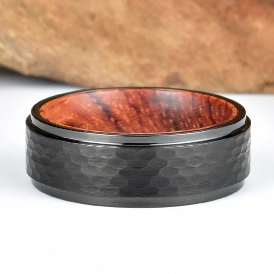 Rose Wood Hammered Black Tungsten Men's Wedding Band 8MM