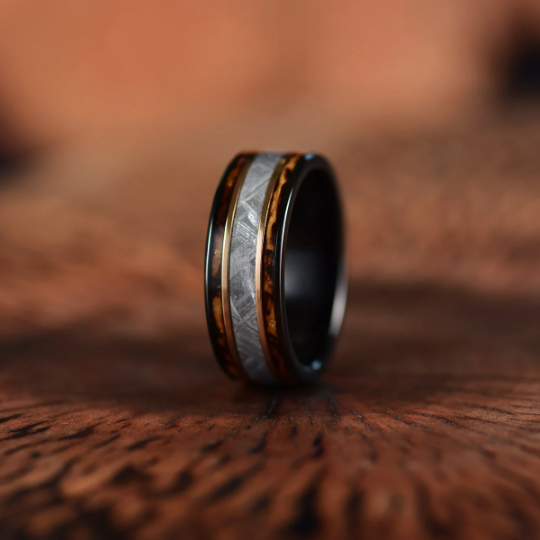 Black Tugsten Charred Whiskey Inlay Meteorite Men's Wedding Band - PRISTINE RINGS