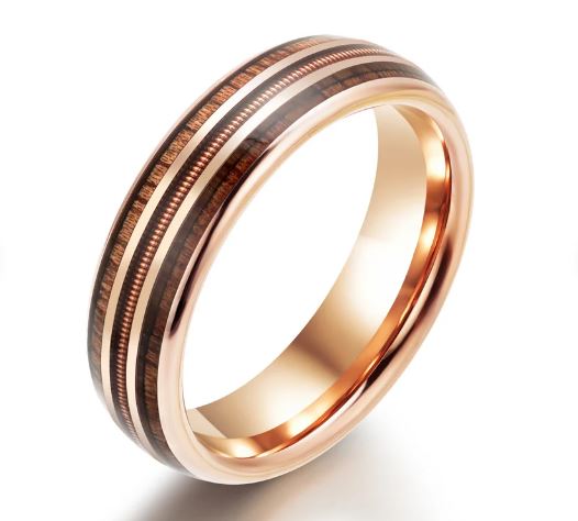 Koa Wood Rose Tungsten Guitar String Women's Wedding Band 4MM - PRISTINE RINGS