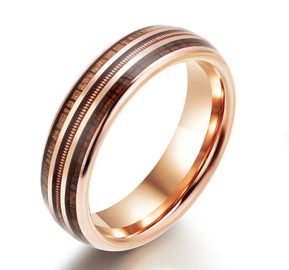 Whiskey Barrel Wood Guitar String Rose Tungsten Men's Wedding Band 8MM - PRISTINE RINGS