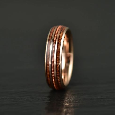 Koa Wood Rose Tungsten Guitar String Women's Wedding Band 4MM - PRISTINE RINGS