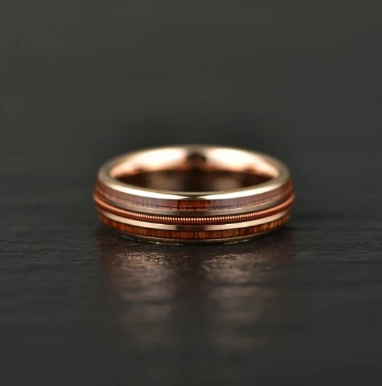 Whiskey Barrel Wood Guitar String Rose Tungsten Men's Wedding Band 8MM - PRISTINE RINGS