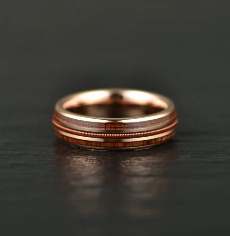 Koa Wood Rose Tungsten Guitar String Women's Wedding Band 4MM - PRISTINE RINGS