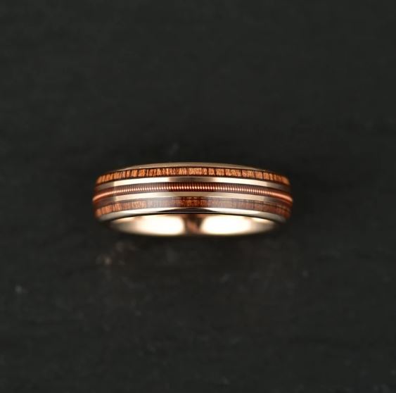 Whiskey Barrel Wood Guitar String Rose Tungsten Men's Wedding Band 8MM - PRISTINE RINGS