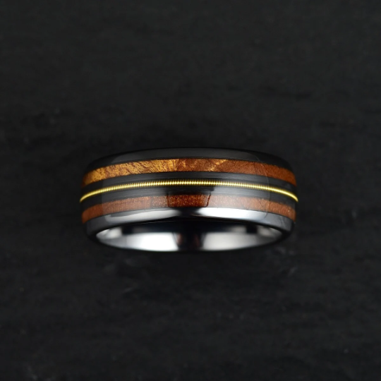 Black Ceramic Koa Wood Guitar String Men's Wedding Band 8MM - PRISTINE RINGS