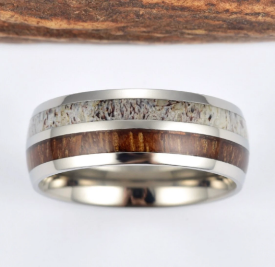Antler Koa Wood Titanium Men's Wedding Band 8MM - PRISTINE RINGS