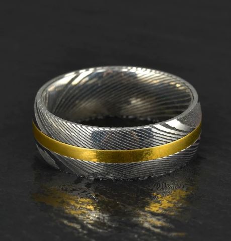 Damascus Steel Yellow Inlay Men's Wedding Band 8MM - PRISTINE RINGS