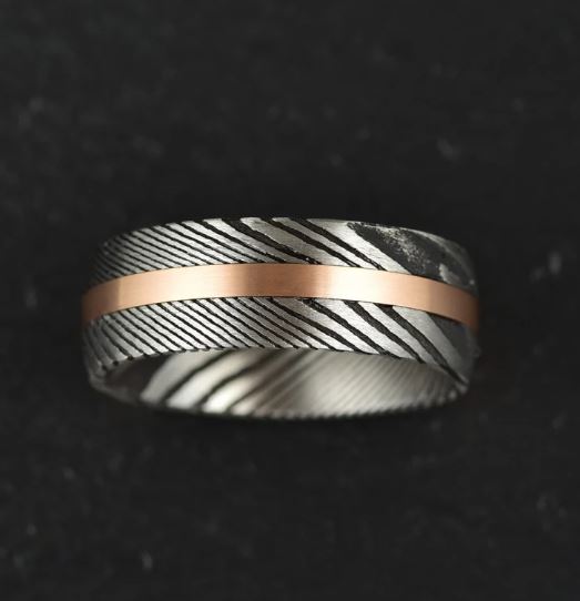 Damascus Steel Rose Inlay Men's Wedding Band 8MM - PRISTINE RINGS