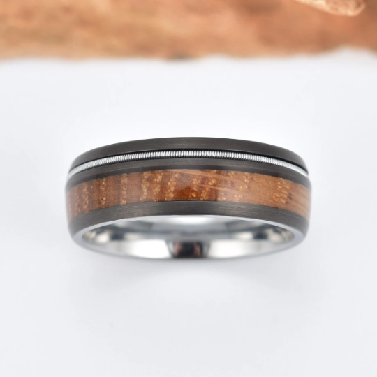 Tungsten Bourbon Whiskey Barrel Wood Men's Wedding Band 8MM - PRISTINE RINGS