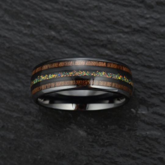 Yellow Opal Koa Wood Black Ceramic Men's Wedding Band 8MM