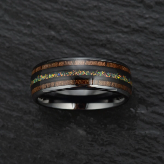 Yellow Opal Koa Wood Black Ceramic Couples Wedding Band Set