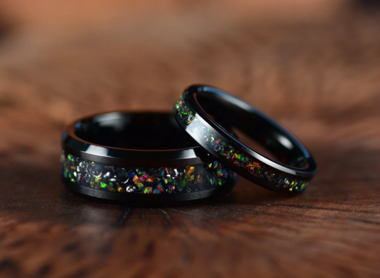 Black Tungsten Crushed Opal Couples Wedding Band Set