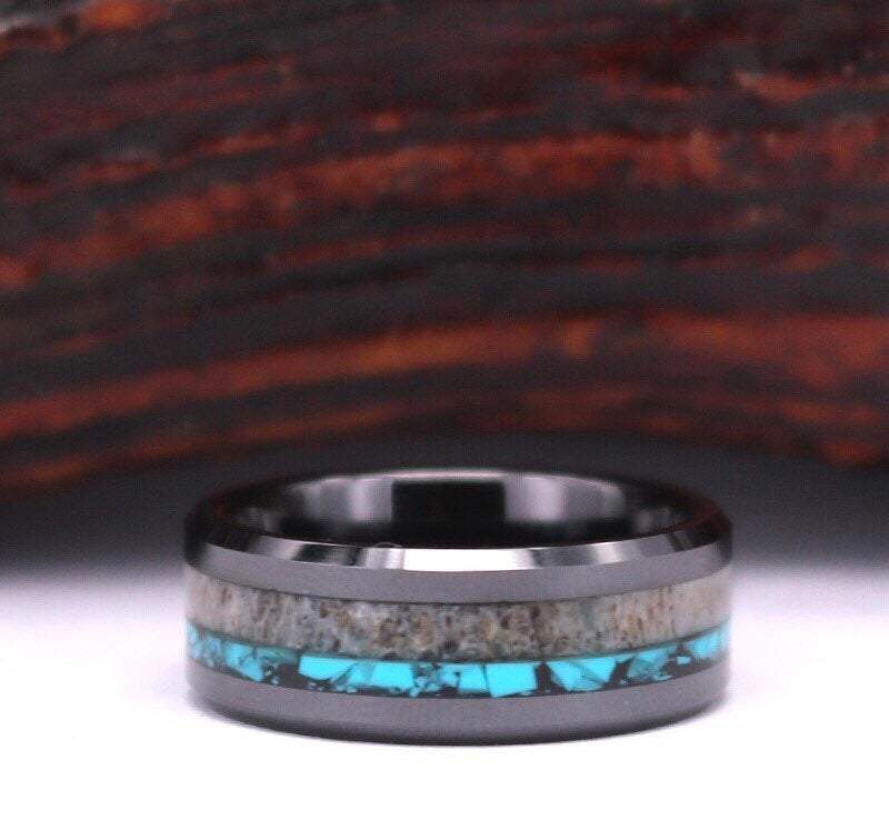 Deer Antler Turquoise Black Tungsten Men's Wedding Band 8MM - PRISTINE RINGS
