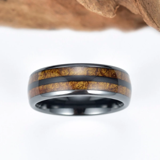 Black Ceramic Tobbaco Leaf Wood Men's Wedding Band 8MM - PRISTINE RINGS