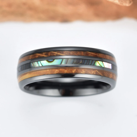 Black Ceramic Abalone Shell Whiskey Barrel Wood Men's Wedding Band 8MM - PRISTINE RINGS