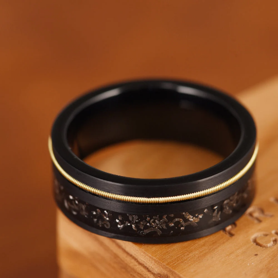 Crushed Meteorite Yellow Guitar String Men's Wedding Band 8MM - PRISTINE RINGS