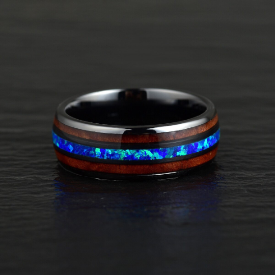 Black Ceramic Koa Wood Blue Opal Men's Wedding Band 8MM - PRISTINE RINGS