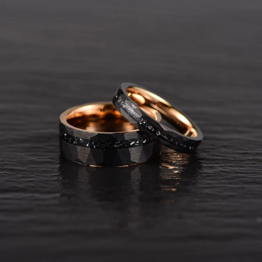 Rose Hammered Tungsten Crushed Meteorite Couples Wedding Band Set - PRISTINE RINGS