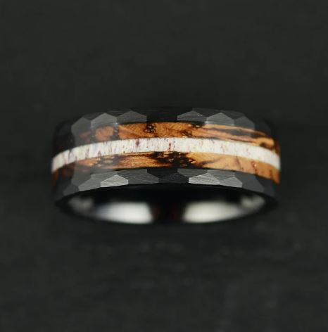 Black Hammered Tungsten Charred Whiskey Barrel Men's Wedding Band - PRISTINE RINGS